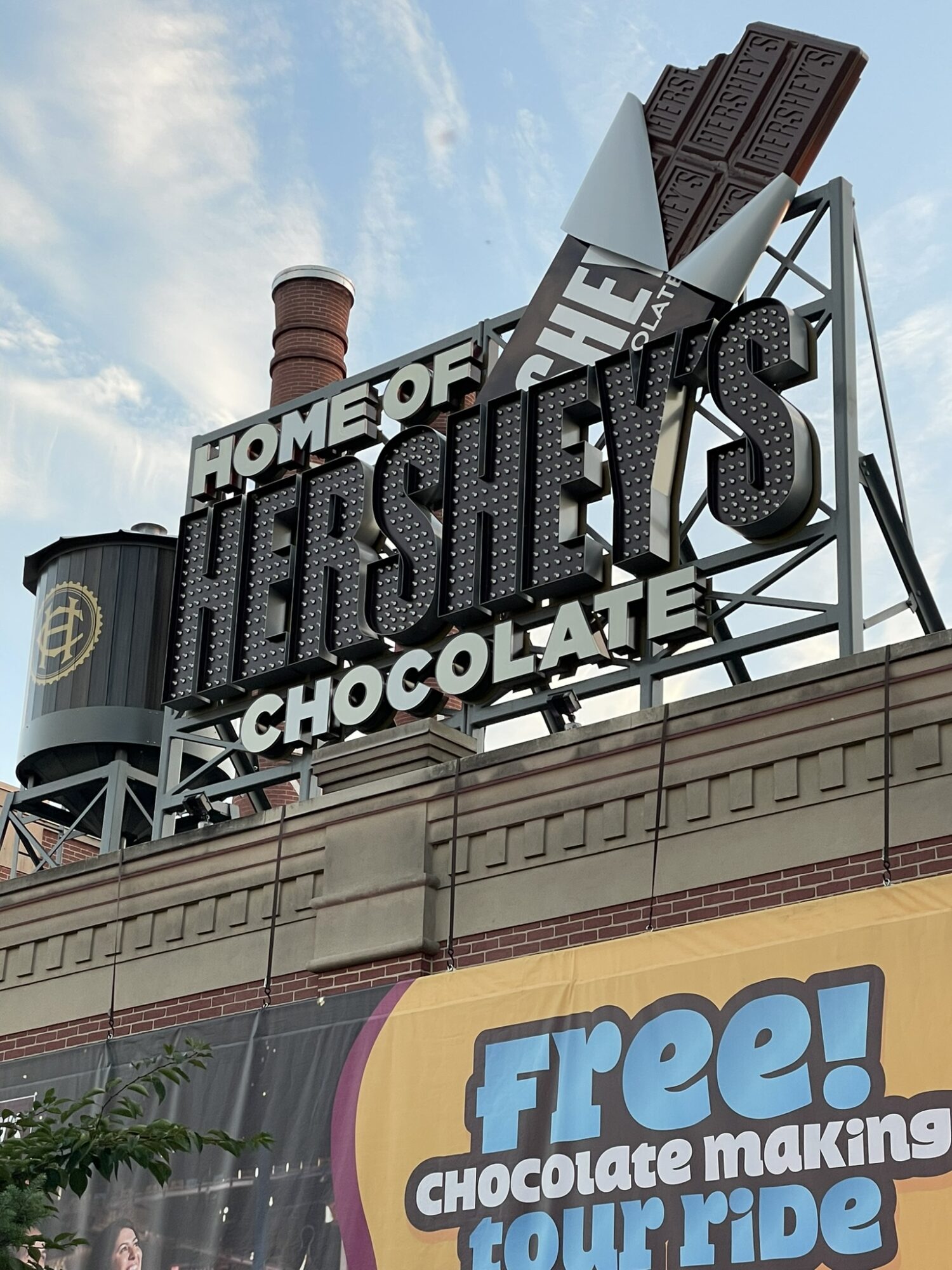 a sign on a building for hershey's chocolate world
